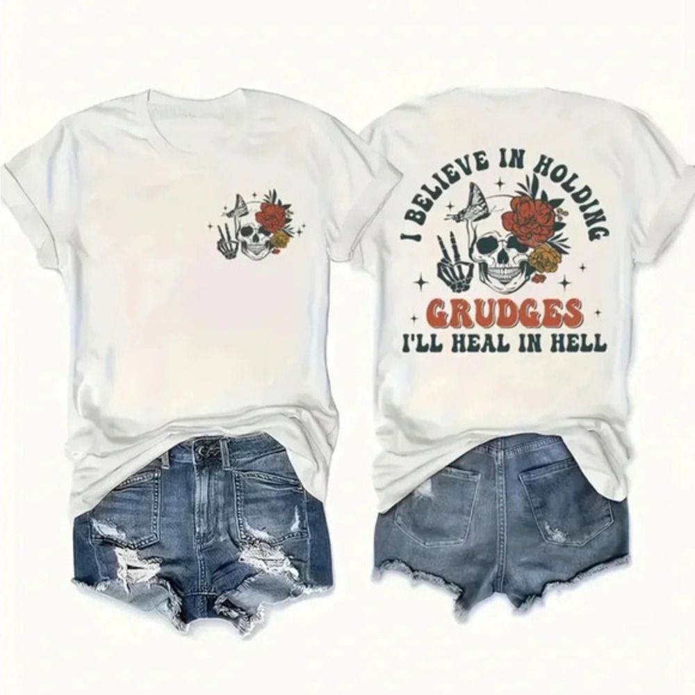 Festive "I Believe in Holding Grudges" Skeleton T-Shirt - Halloween Ready
